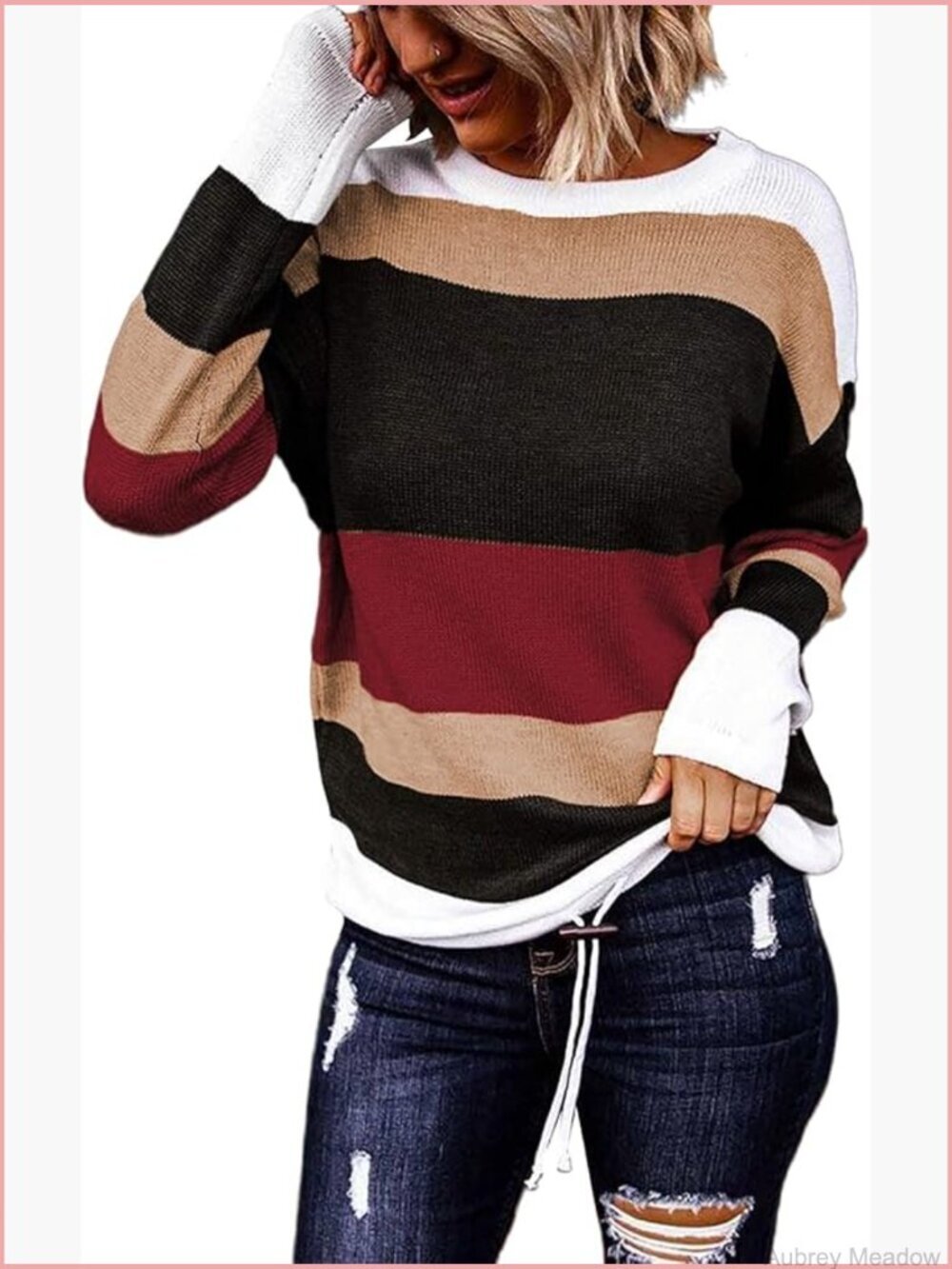 Striped Color Block Crewneck Drawstring Sweater